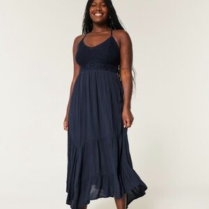 Navy Mixed Fabric Crochet Maxi Dress